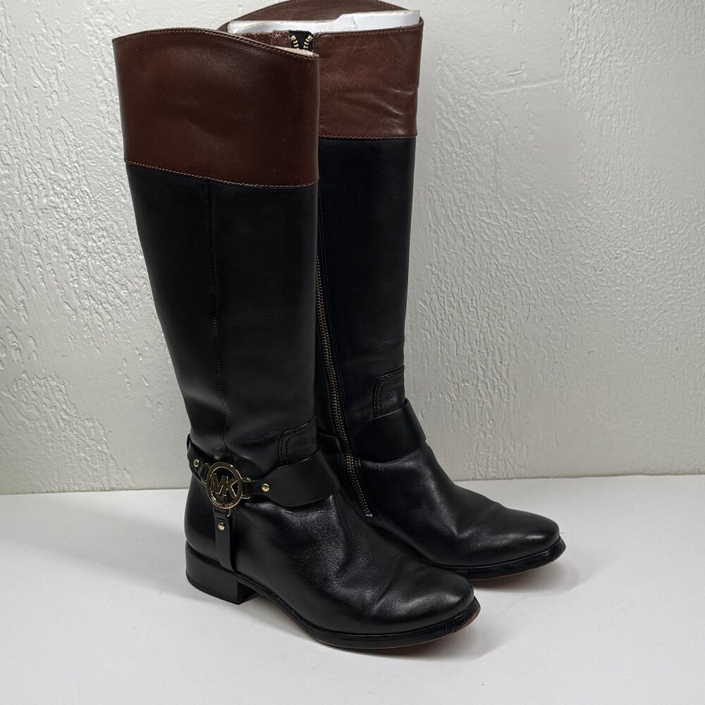 Michael Kors Fulton Harness Riding Boots Black Brown Leather Size 6.5M